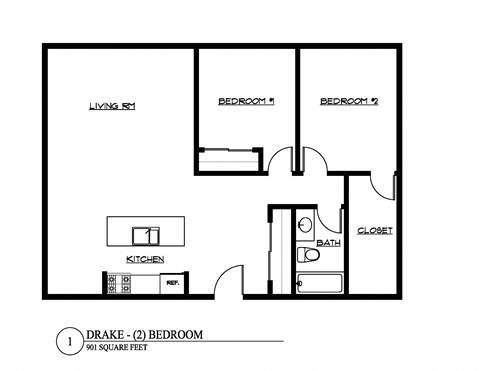 Floor plan for 2 beds, 1 bath, 901 sqft